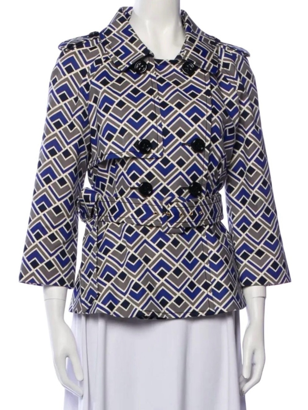 Kate Spade Lettie Trench Coat Geometric-Print Blue & Gray Women’s Belted Coat - Picture 2 of 11